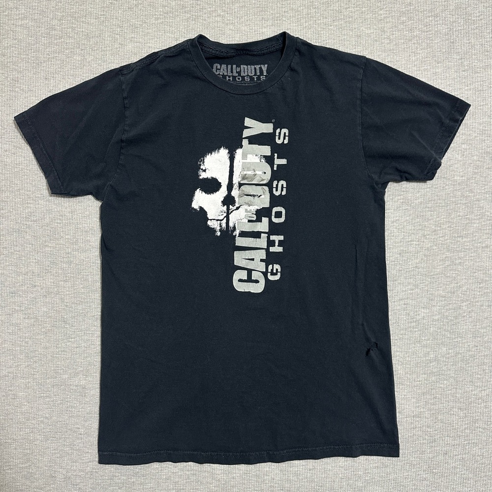 Call of Duty Ghosts Skull Graphic Tee Black Large 2013 Activision Gaming Faded
